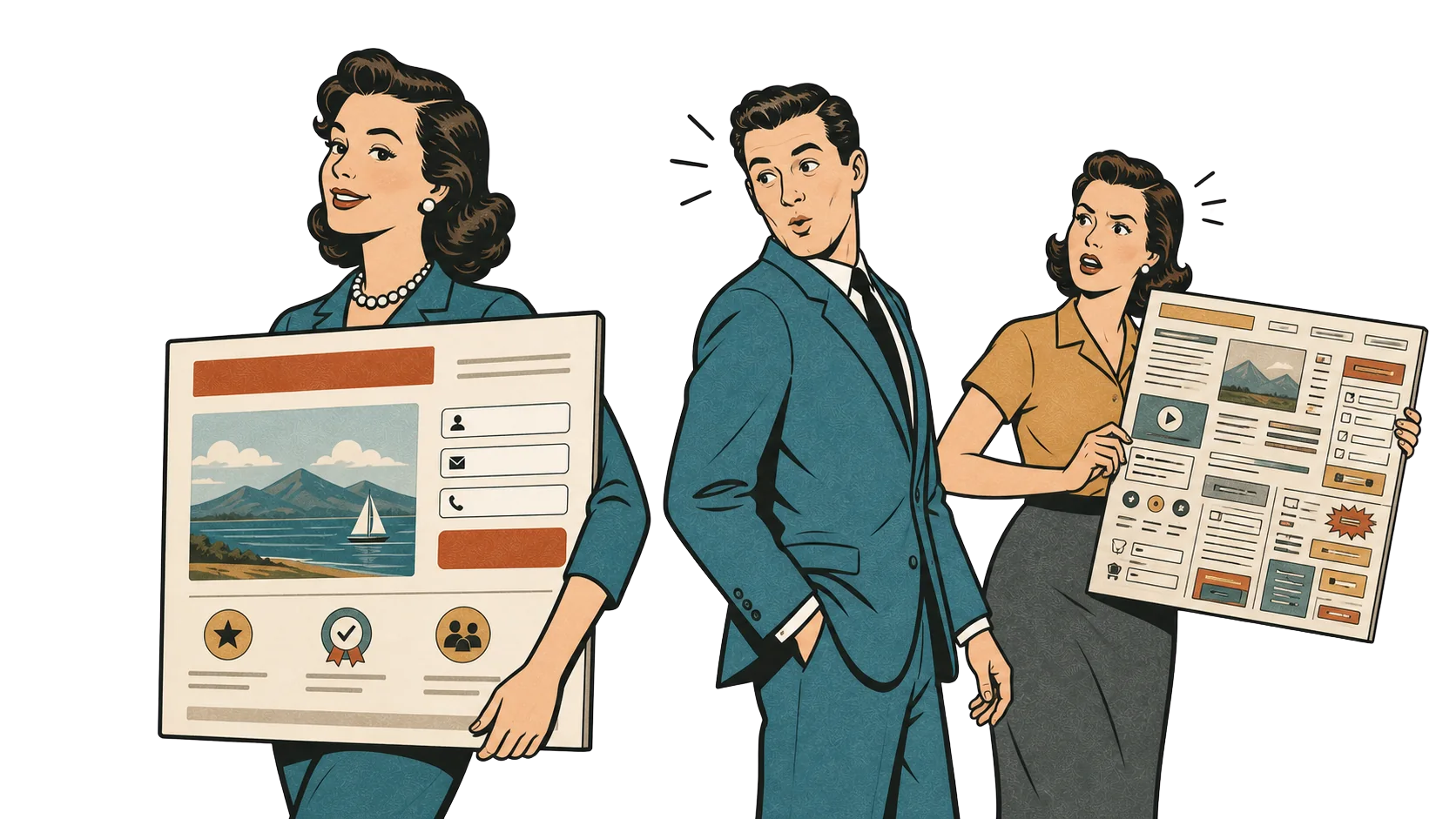 Mid-century illustration: a woman proudly holding a clean focused AdPage, a man in the middle realizing the difference, and a woman on the right holding a busy cluttered homepage.