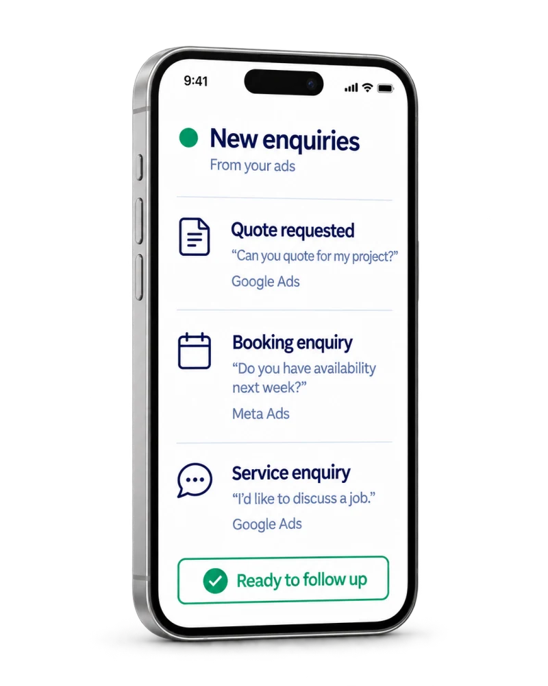 Illustrative phone enquiries: a quote request from Google Ads, a booking enquiry from Meta Ads, and a service enquiry from Google Ads.