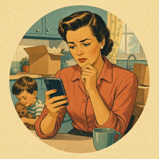 Parent with a young child on a kitchen bench looking at a phone