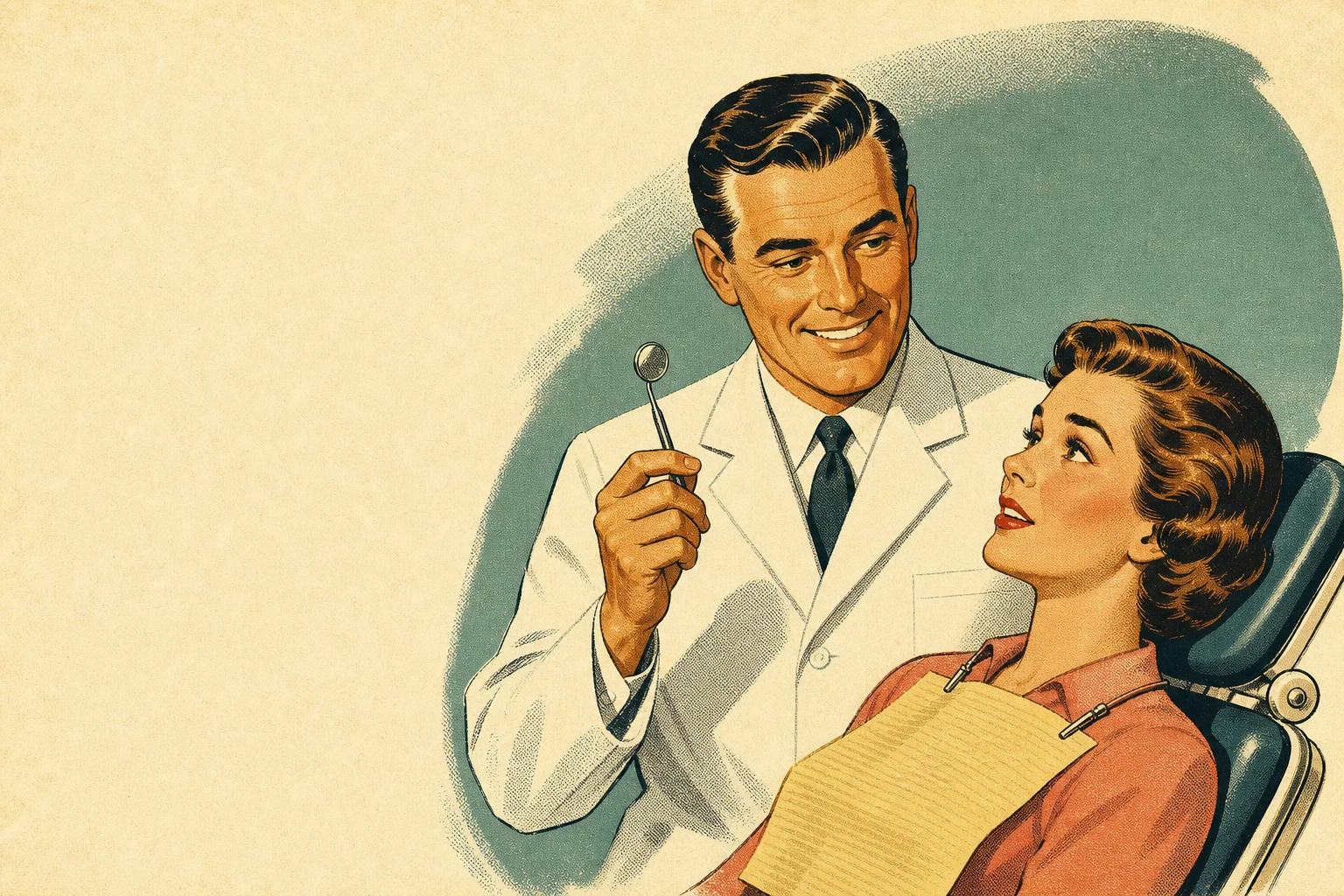 Mid-century illustration of a friendly dentist with a patient