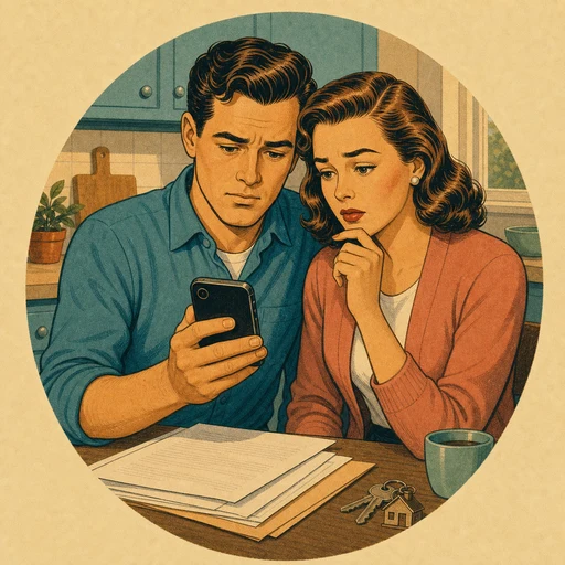 Couple at a kitchen counter with property documents, looking at a phone together