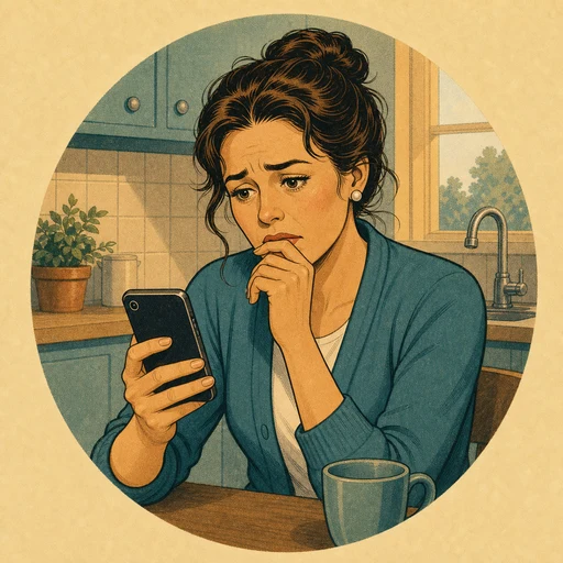 Distressed woman in a quiet kitchen looking at her phone