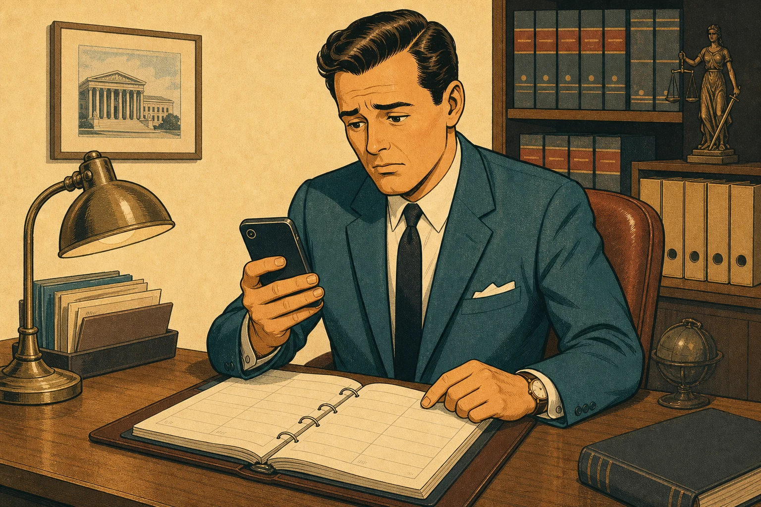 Mid-century illustration of a lawyer at a desk, phone in hand, looking at an empty appointment book