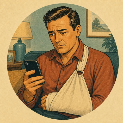 Middle-aged man in a sling sitting on a couch with a phone