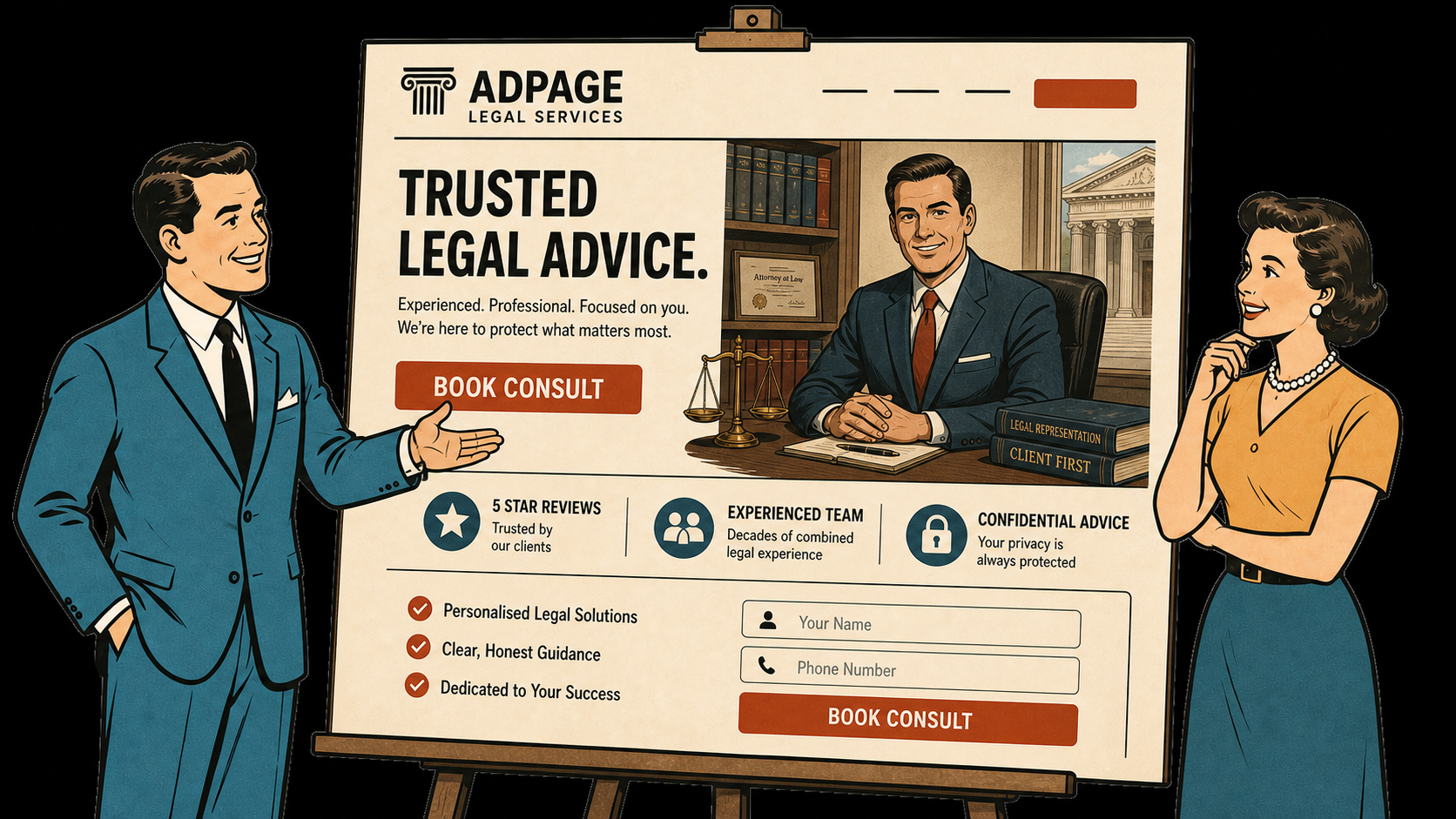Mid-century illustration of a man and woman presenting a law-firm landing page on an easel — "Trusted Legal Advice" headline, Book Consult button, five-star reviews, scales of justice and courthouse imagery