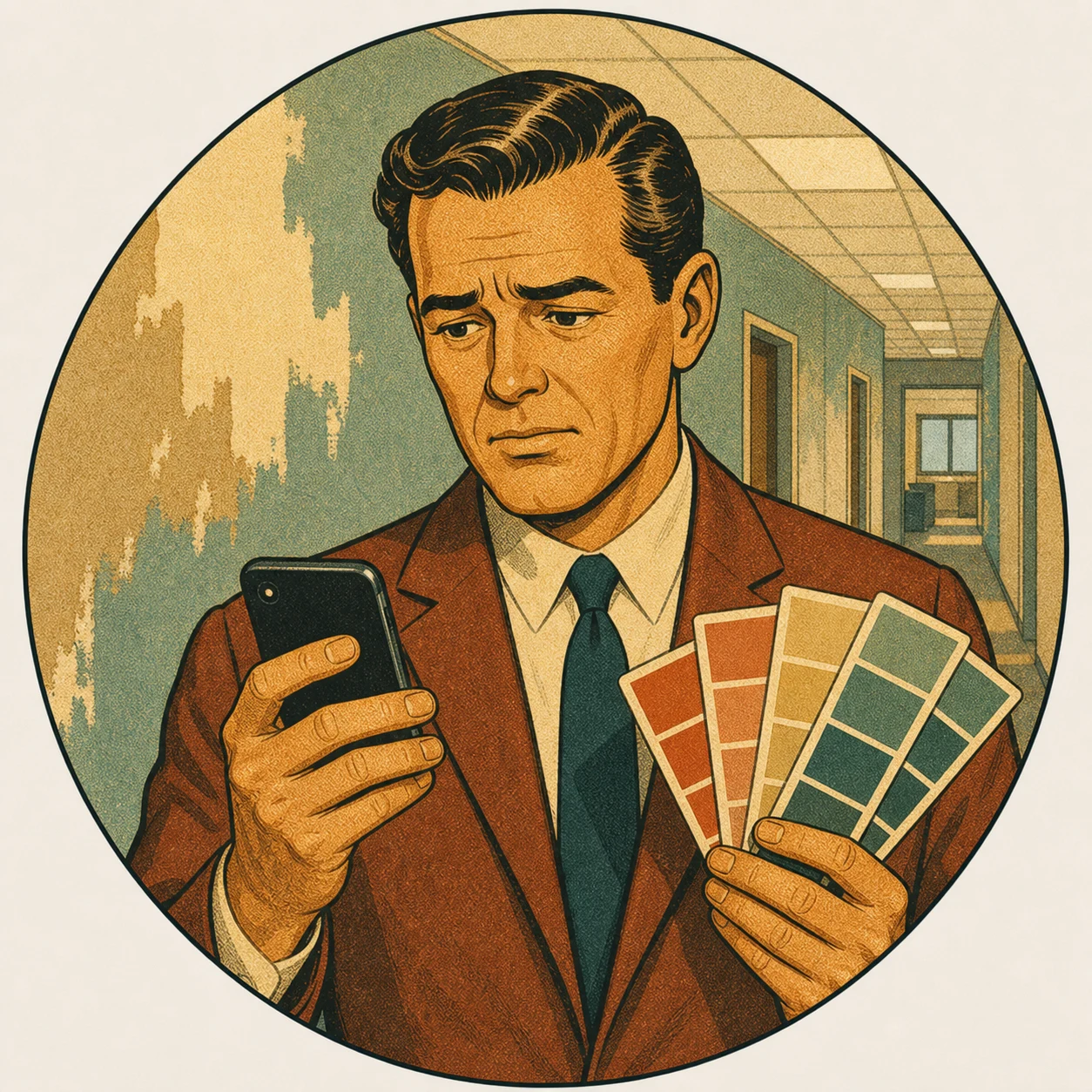 Facilities manager in an office corridor looking at paint samples and a phone