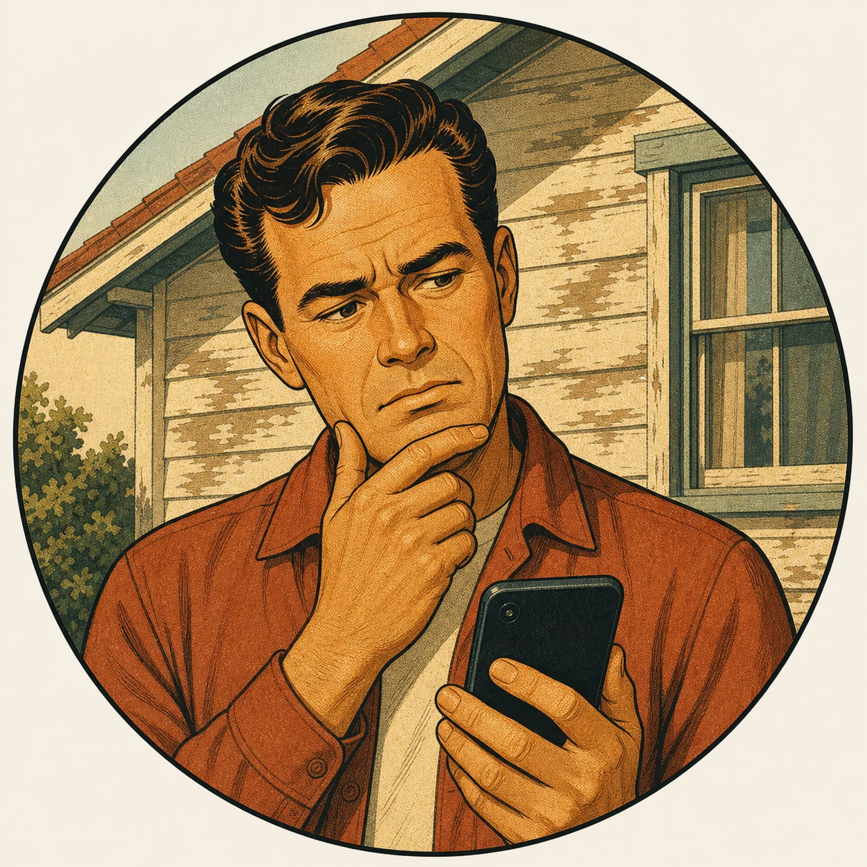 Homeowner outside a faded weatherboard house checking a phone