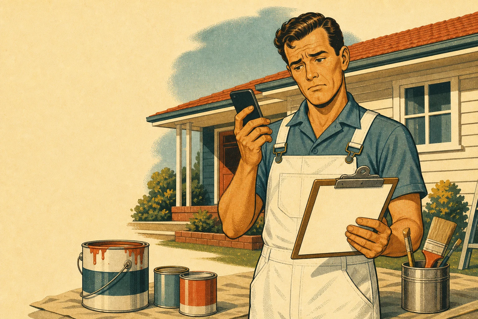 Mid-century illustration of a painter looking at a quiet phone beside paint tins and brushes