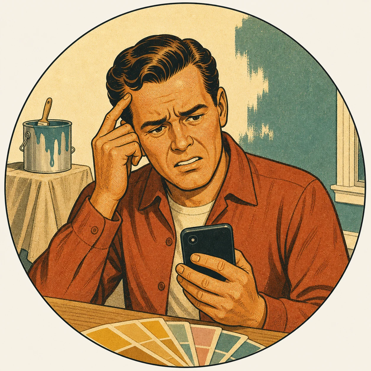 Homeowner in a half-painted living room looking at a phone