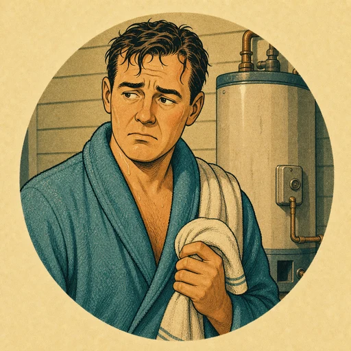 Man in dressing gown staring at a tankless water heater