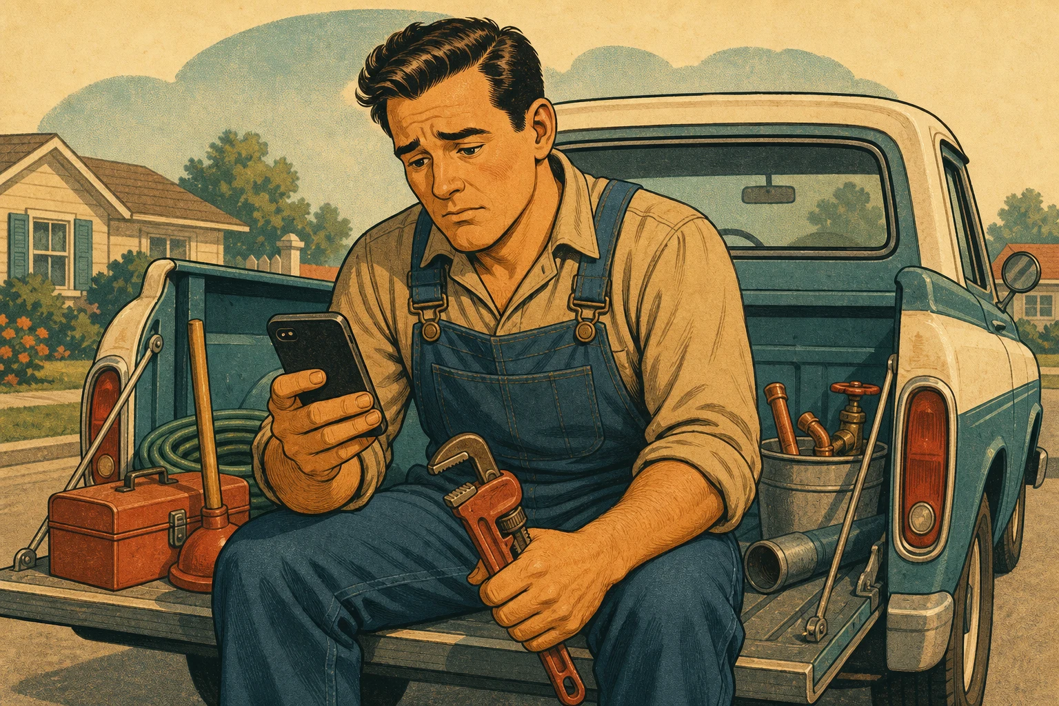 Mid-century illustration of a tradie with a wrench, looking at a silent phone