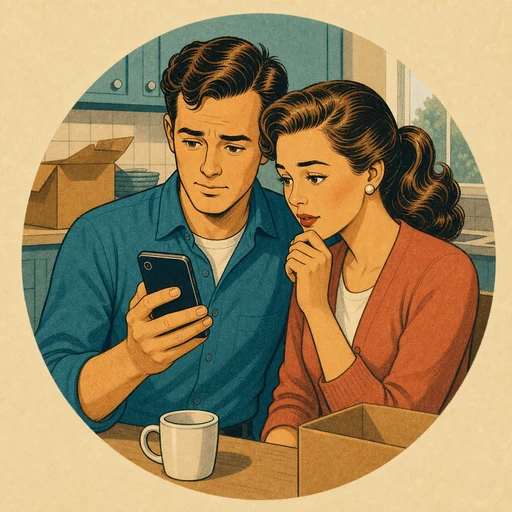 Young couple in a half-unpacked house looking at a phone together